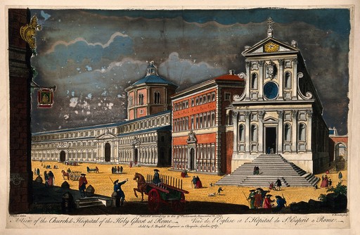 Church and Hospital of the Holy Ghost, Rome: panoramic views. Coloured engraving by T. Bowles, 1750, after G.B. Piranesi.