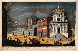 view Church and Hospital of Santo Spirito in Sassia, Rome: panoramic views. Coloured engraving by T. Bowles, 1750, after G.B. Piranesi.