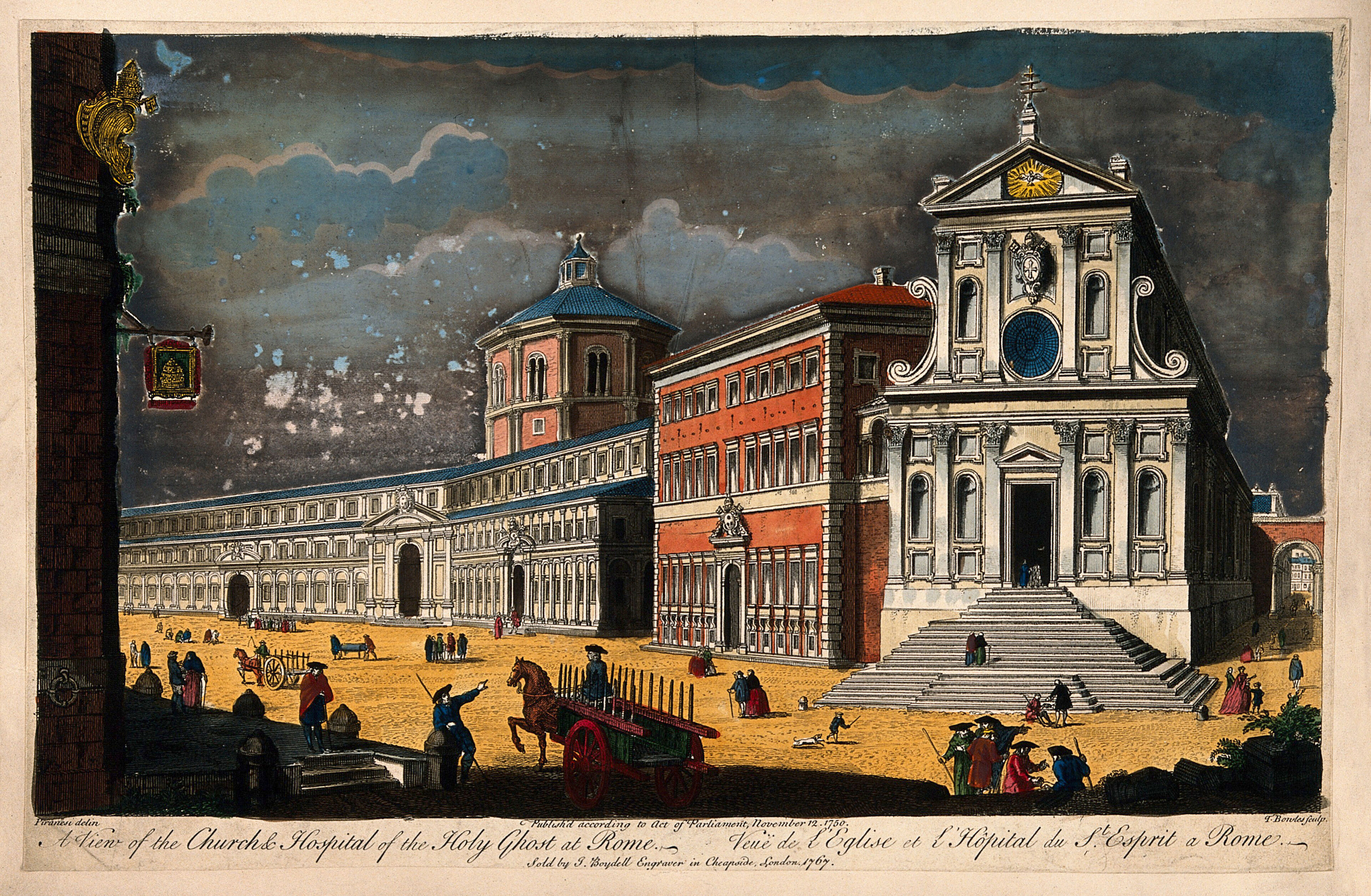 Church and Hospital of Santo Spirito in Sassia, Rome: panoramic views. Coloured engraving by T. Bowles, 1750, after G.B. Piranesi.