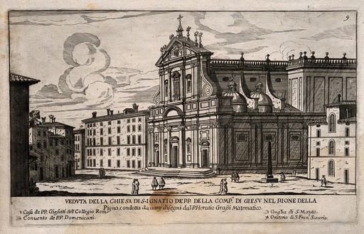 Church of St. Ignatius, Jesuit Pharmacy Hospital College, Rome: with a Benedictine convent and St. Mauto's monument and key. Line engraving.
