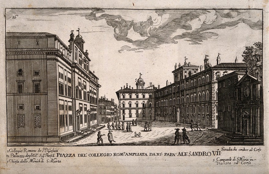 Collegium Romanum, Rome: with the extended piazza a key to the surrounding buildings. Line engraving.