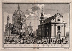 view The church of Saint Charles Borromeo (Karlskirche) and the chapel of Saint Roch, Vienna. Engraving by J.A. Corvinus after S. Kleiner.