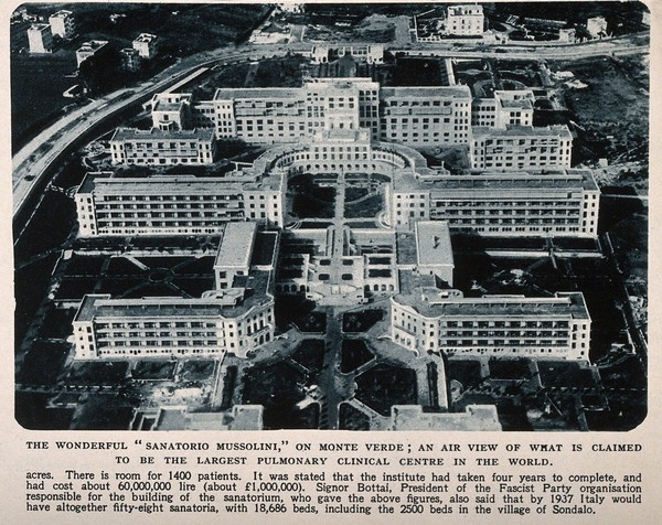 Sanatorio Mussolini, Rome; bird's eye view. Process print.
