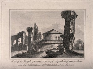 view Temple of Faunus, part of the Aqueducts of Nero, Rome. Engraving.