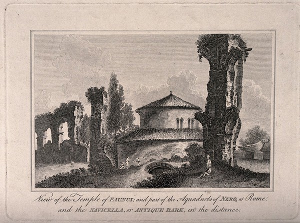 Temple of Faunus, part of the Aqueducts of Nero, Rome. Engraving.