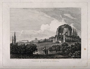 view Temple of Minerva Medica, Rome: panoramic views. Etching by J. Hastings after R. Wilson.