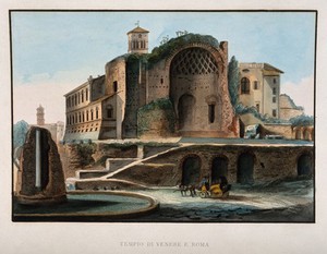view Temple of Venus and Rome, Rome. Coloured etching.