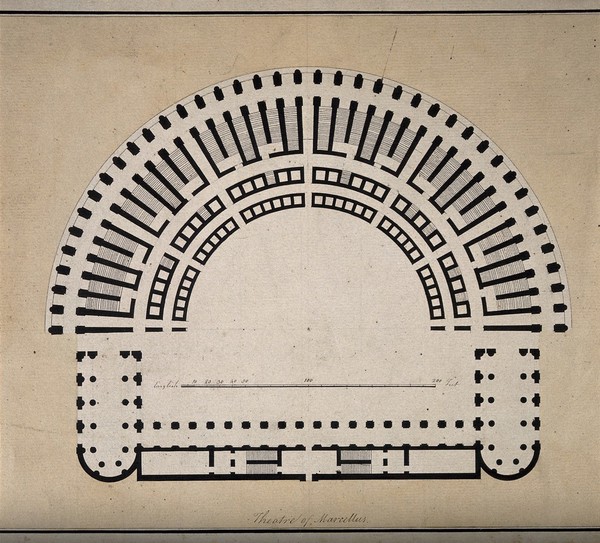 Theatre of Marcellus, Rome: floor plan. Pen and ink drawing.