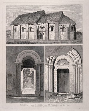 view Chapel of St. Julian, Le Petit-Quevilly, near Rouen: with details of the doorways. Etching by J.S. Cotman, 1820.