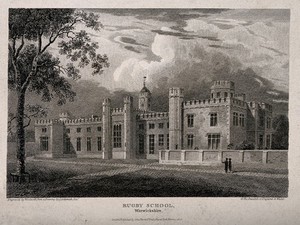 view Rugby School, Rugby, Warwickshire: panoramic view. Engraving by Woolnoth, 1815, after J. Goldsmith.