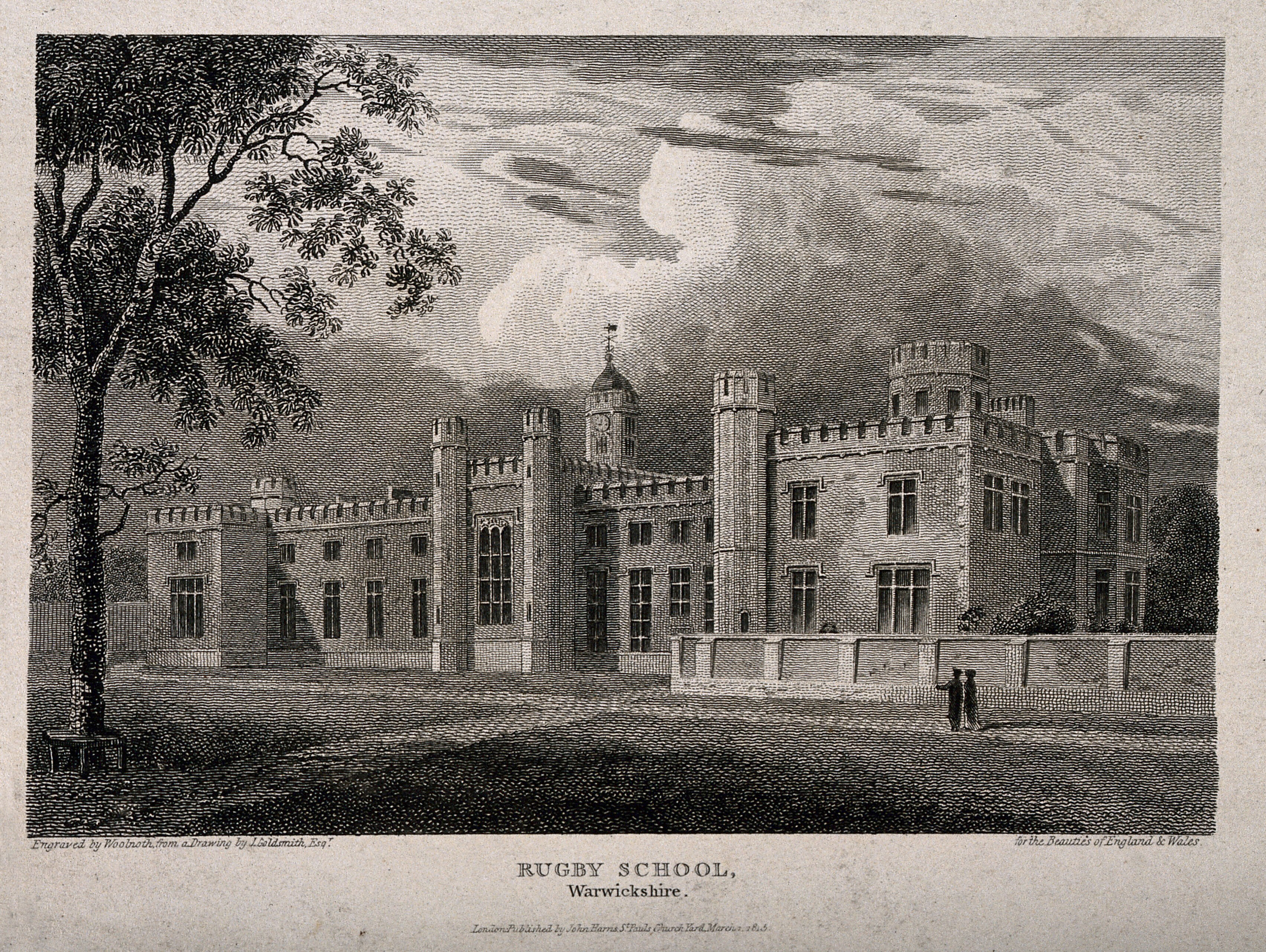 Rugby School, Rugby, Warwickshire panoramic view. Engraving by Woolnoth, 1815, after J