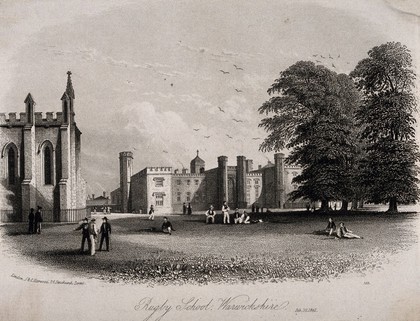 Rugby School, Rugby, Warwickshire: panoramic view including the grounds. Etching, 1841.