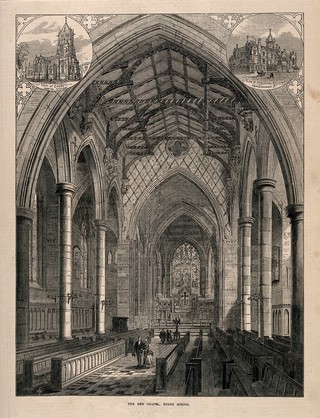 Rugby School, Rugby, Warwickshire: the new chapel with two smaller sketches of the exterior. Wood engraving by W.F., 1872.
