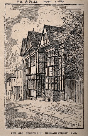 view Old Hospital, Rye, Sussex. Reproduction after a pen and ink drawing by W.A.B., 1916.