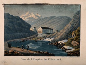 view Convent of Great St. Bernard, Switzerland/Italy: panoramic view. Coloured aquatint.