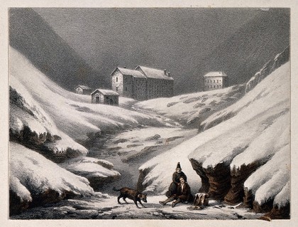 Convent of Great St. Bernard, Switzerland/Italy: a rescue dog finding a wounded traveller. Coloured lithograph by A. Cuvillier.