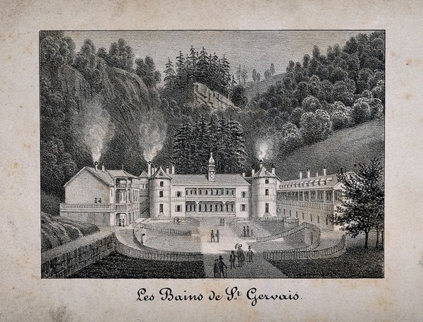 Baths of Saint Gervais-les-Bains, Haute-Savoie, France. Lithograph, 18--.