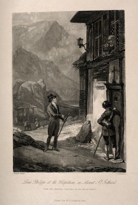 St. Gothard Hospital, St. Gothard, Switzerland: Louis-Philippe, Duke of Chartres, travelling incognito, is turned away when seeking help from the hospital. Mezzotint by J. Franklin after H. Vernet.