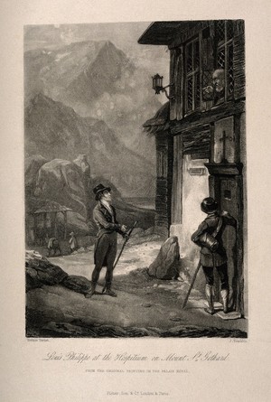 view St. Gothard Hospital, St. Gothard, Switzerland: Louis-Philippe, Duke of Chartres, travelling incognito, is turned away when seeking help from the hospital. Mezzotint by J. Franklin after H. Vernet.