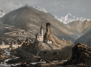 view St. Gothard Hospital, St. Gothard, Switzerland. Coloured lithograph by A. Cuvillier.