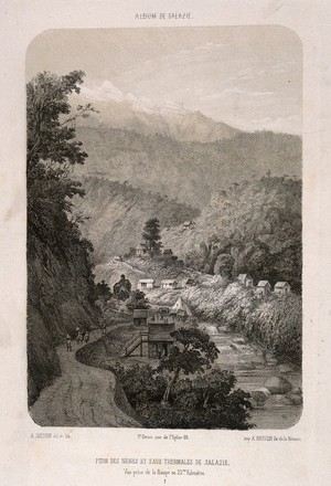 view Sálazie, Réunion Islands: hot springs and snowy peaks. Tinted lithograph by A. Roussin after himself.