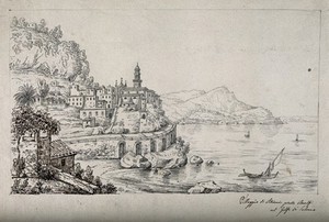 view Atrani, Gulf of Salerno, Italy. Pen and ink drawing.