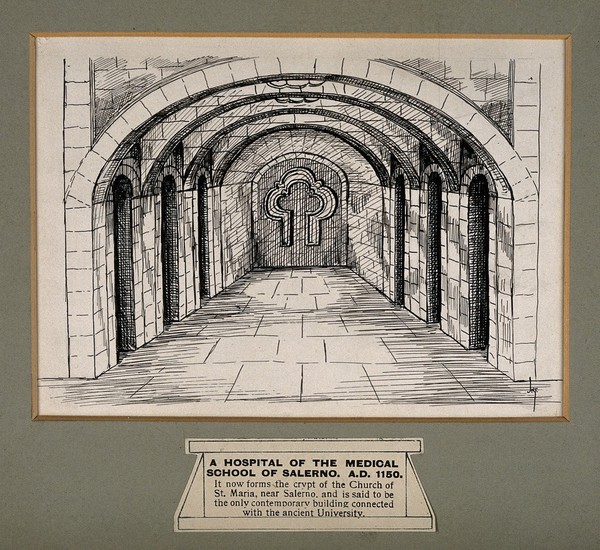 Teaching Hospital School, Salerno, Italy: part of the Crypt of St. Maria. Pen and ink drawing by [J.N.T.].