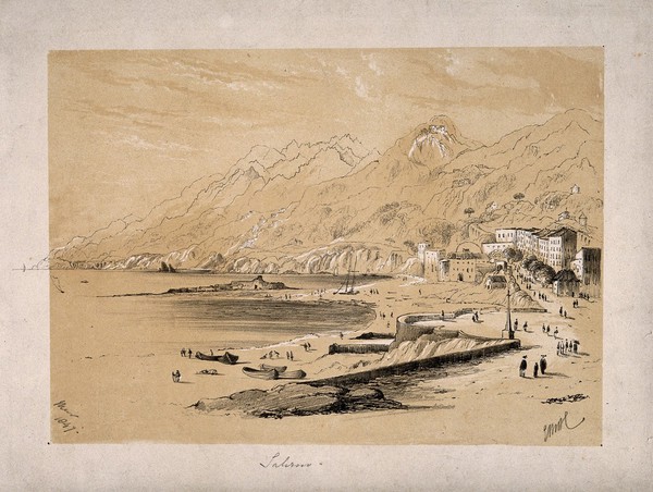 Salerno, Italy: panoramic view of the beach and harbour. Tinted lithograph after E.M.B.C., after 1847.