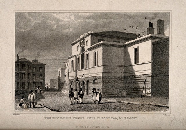 Bailey Prison, Lying-in Hospital, Salford, Lancashire. Etching by J. Davies, 1829, after Harwood.