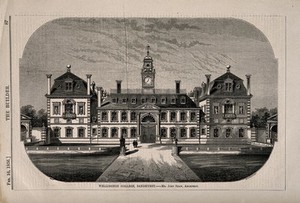 view Wellington College, Sandhurst, Berkshire. Wood engraving by W.E. Hodgkin, 1856, after B. Sly after J. Shaw.