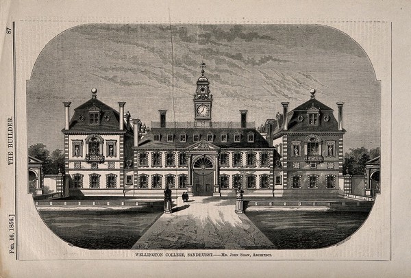 Wellington College, Sandhurst, Berkshire. Wood engraving by W.E. Hodgkin, 1856, after B. Sly after J. Shaw.
