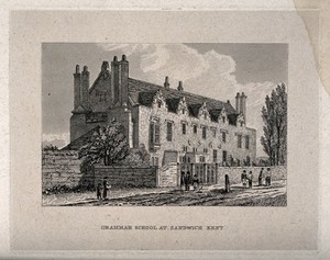 view Grammar School, Sandwich, Kent. Etching.