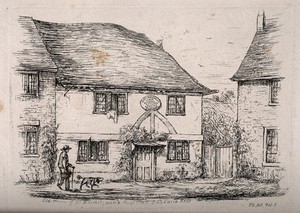 view St. Bartholomew's Hospital, Sandwich, Kent: old house where Sister Elizabeth Woodruff lived. Etching by H. Rolfe.