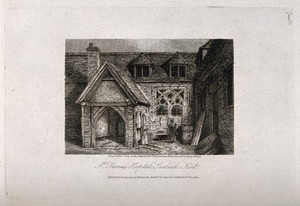 view Saint Thomas's Hospital, Sandwich, Kent. Etching by J. Greig, 1810, after S. Prout.