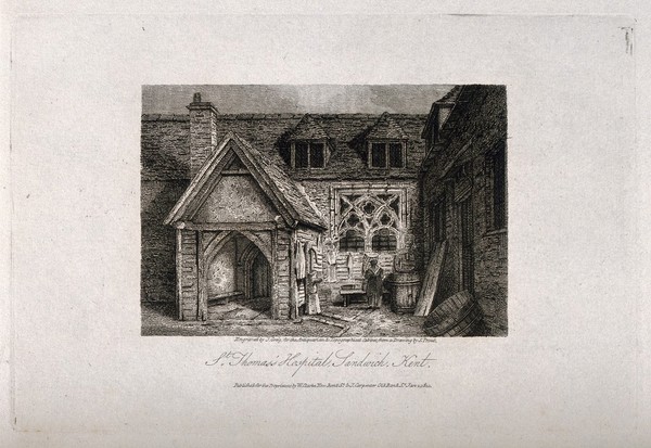 Saint Thomas's Hospital, Sandwich, Kent. Etching by J. Greig, 1810, after S. Prout.