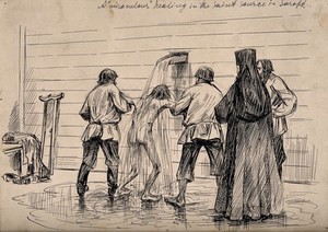 view A lame man being doused in water from a holy spring to procure a miraculous cure, in Sarepta (?), Russia. Pen and ink drawing, 1903.