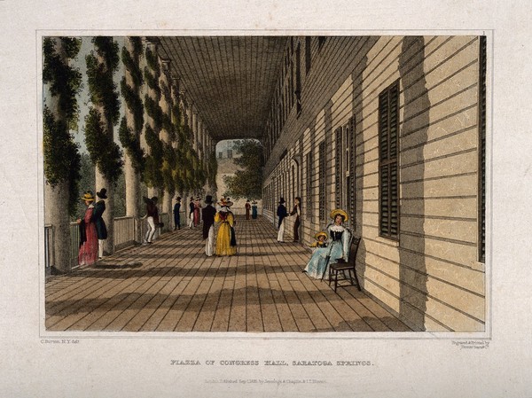 Congress Hall, Saratoga Springs, New York: visitors to the health resort taking the air outside the hotel. Coloured engraving by Fenner & Sears & Co., 1830, after C. Burton.