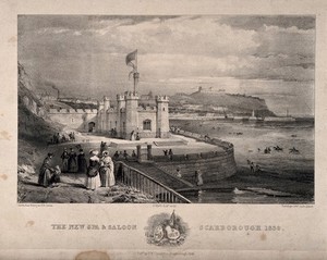 view New Spa and Saloon, Scarborough, Yorkshire: panoramic view of the harbour. Lithograph by Day & Haghe, 1842, after H.B. Carter after H. Wyatt.