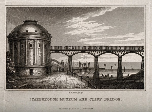 Scarborough Museum and Cliff Bridge, Scarborough, Yorkshire. Engraving by C.J. Smith.