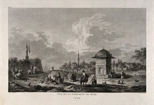 view Island of Chios (Scio, Khio): people gathering around a fountain. Etching by J. Mathieu after J.B. Hilair.