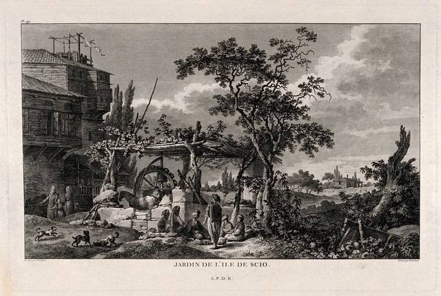 Island of Scio/Khio/Chios, Turkey: the well in the gardens. Etching by Dambrun after J.B. Hilair.