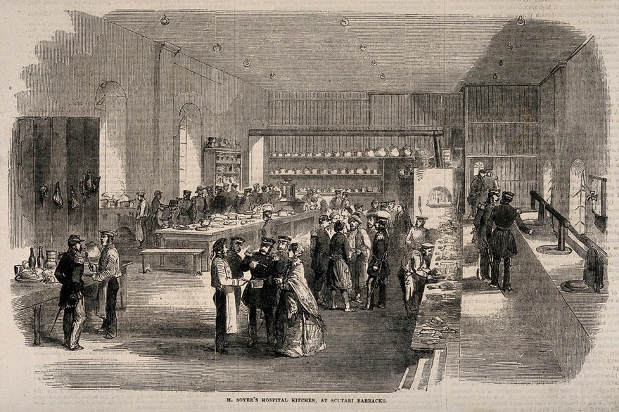 Scutari Barracks, Turkey: Soyer's hospital kitchen. Wood engraving.