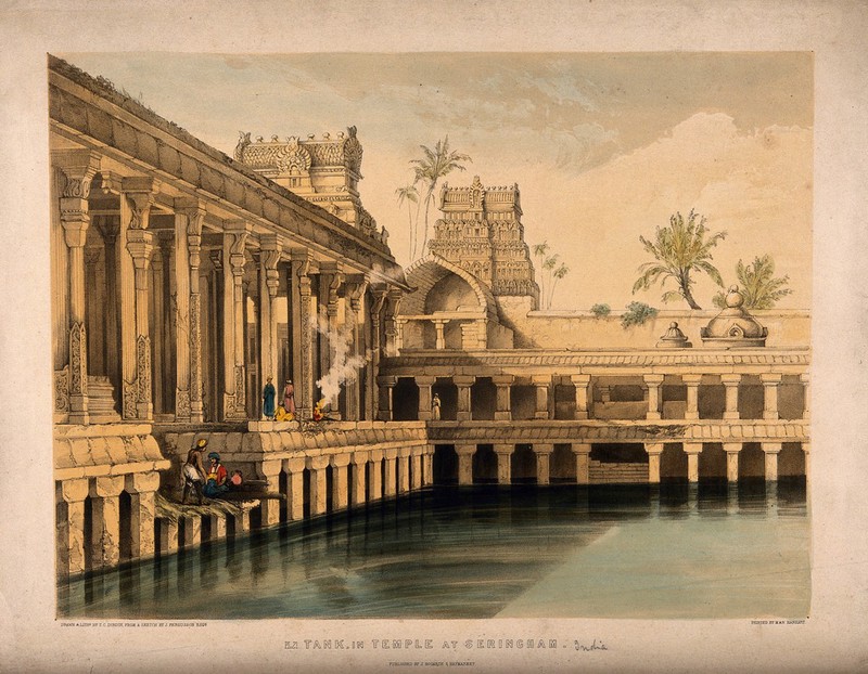 Srirangam, India: water tank in the Temple. Coloured lithograph by T.C. Dibdin after J. Fergusson., by James Fergusson