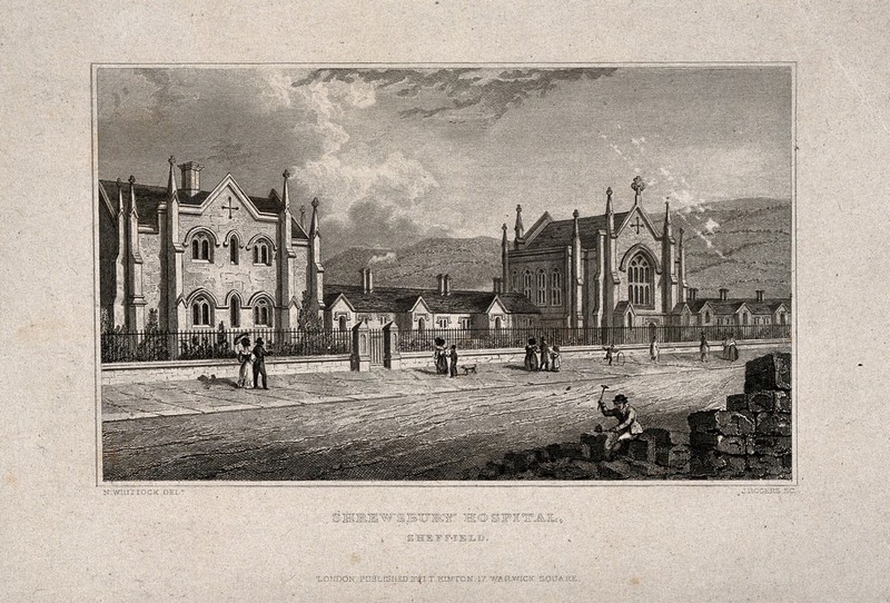Shrewsbury Hospital, Sheffield, Yorkshire. Engraving by J. Rogers after N. Whittock., by Nathaniel Whittock