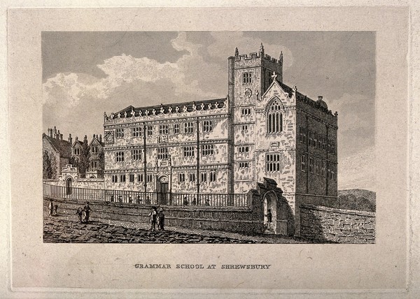 Grammar School, Shrewsbury, Shropshire. Etching.