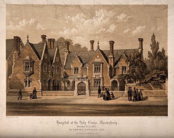 Hospital of the Holy Cross, Shrewsbury, Shropshire. Coloured lithograph by F. Bedford after S. Pountney Smith.