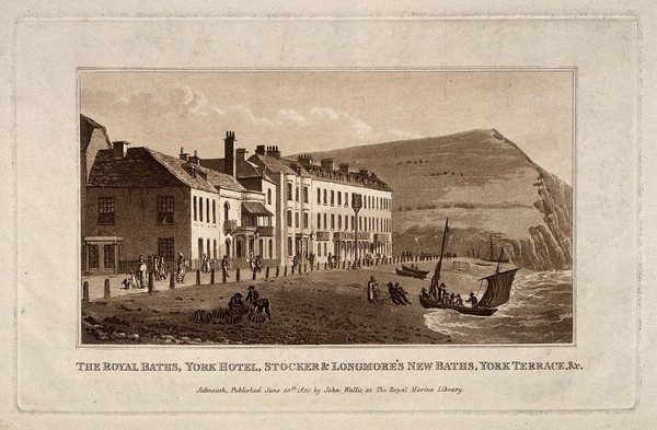 Royal Baths, York Hotel, Stocker & Longmore's New Baths, York Terrace, Sidmouth, Devon. Tinted aquatint.