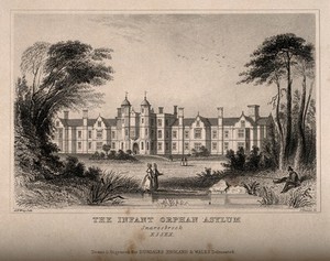 view Infant Orphan Asylum, Snaresbrook, Essex: panoramic view. Etching by J. Davies after A.W. Wray.