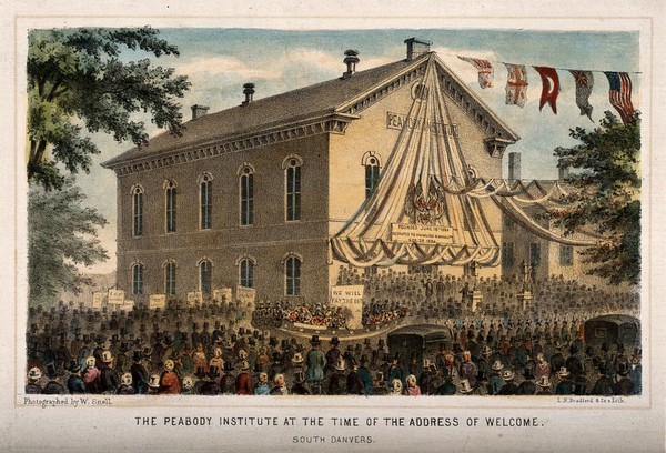 Peabody Institute, South Danvers, Massachusetts: the address of welcome ceremony. Coloured lithograph by I.H. Bradford & Co. after W. Snell.