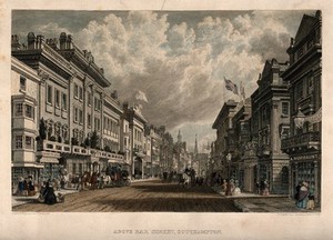 view Above Bar Street, Southampton, Hampshire. Coloured engraving by P. Brannon, 1846.